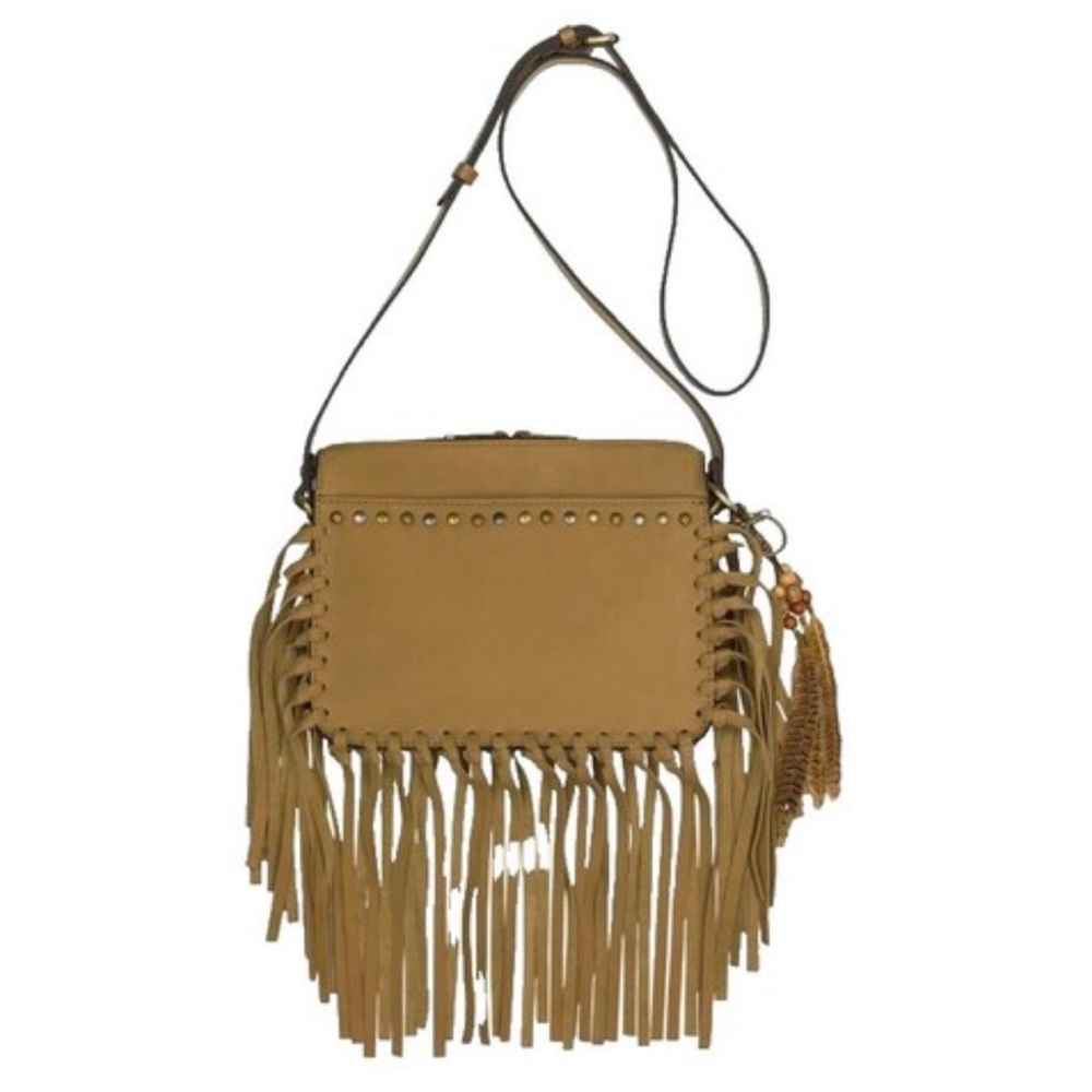 NWT Patricia Nash Nazaire Nubuck Suede Wheat Fringe Crossbody & Feather Charm